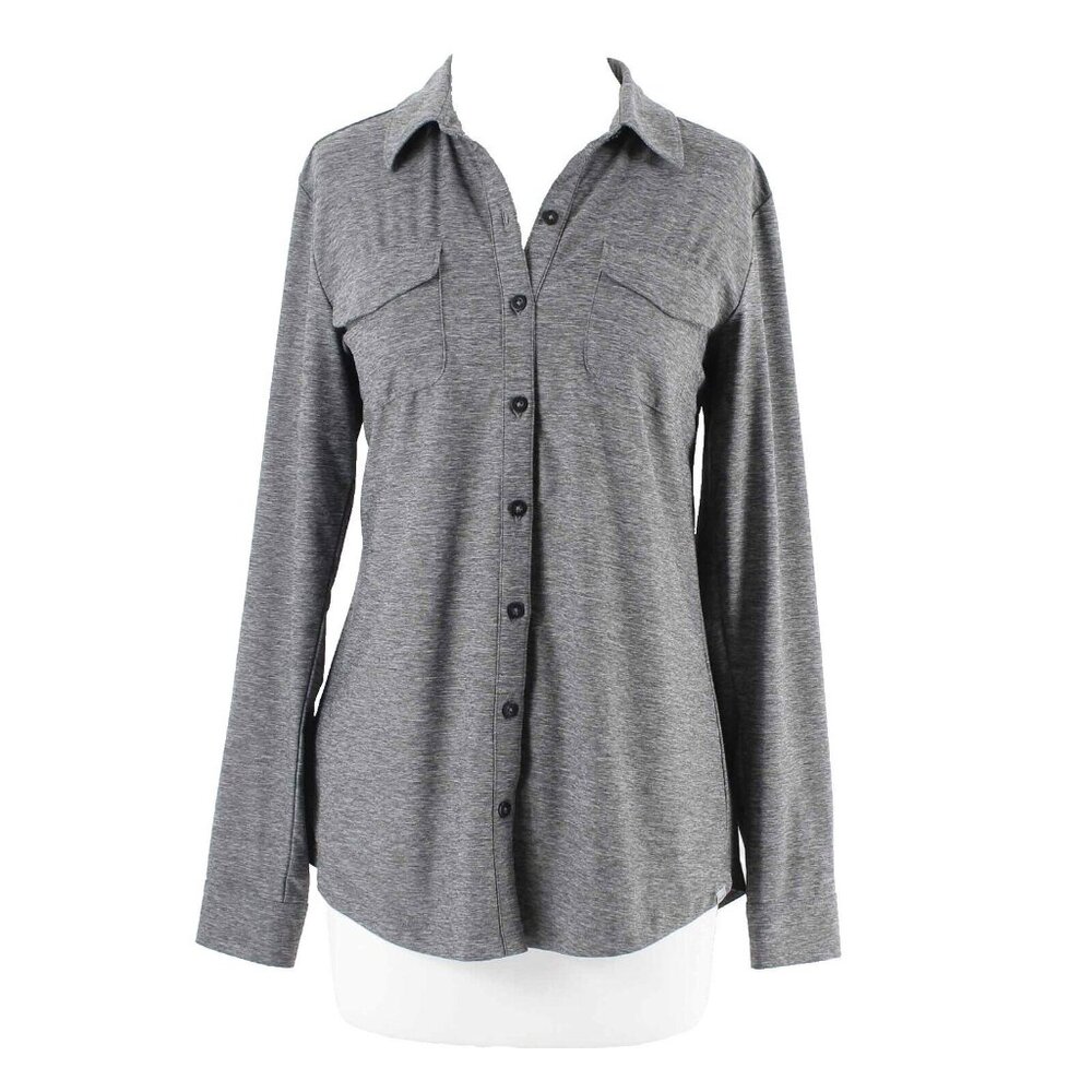 Eddie Bauer Sz M Gray Tab Sleeve Button Up Polyester Blend Top